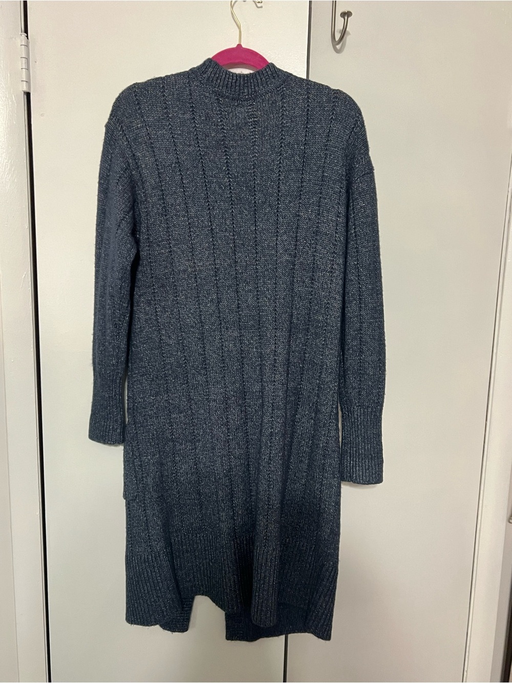 cleo Navy Speckled Ribbed Button-Up Long Cardigan - Picture 4 of 7